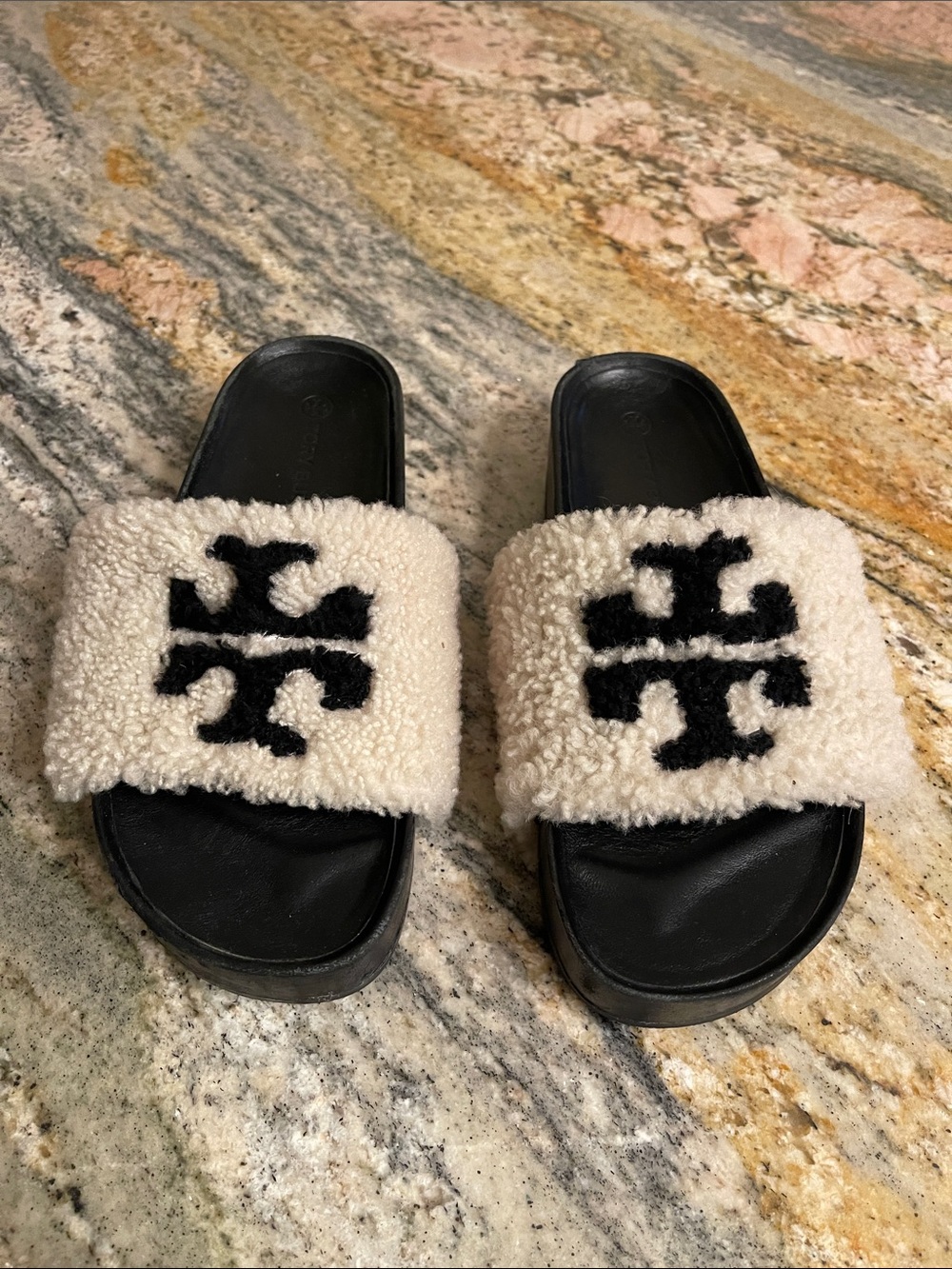 Tory Burch T Shearing Platform Slide Sandals
Black Double T Logo
Size 8
NWOT